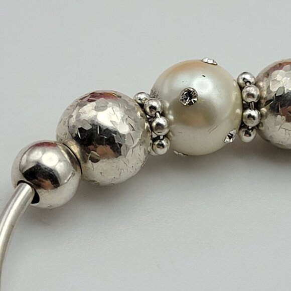 925 Sterling Silver Adjustable Wire Cuff Bracelet – 7 Sliding CZ Ball Beads 6.5" - Picture 3 of 6